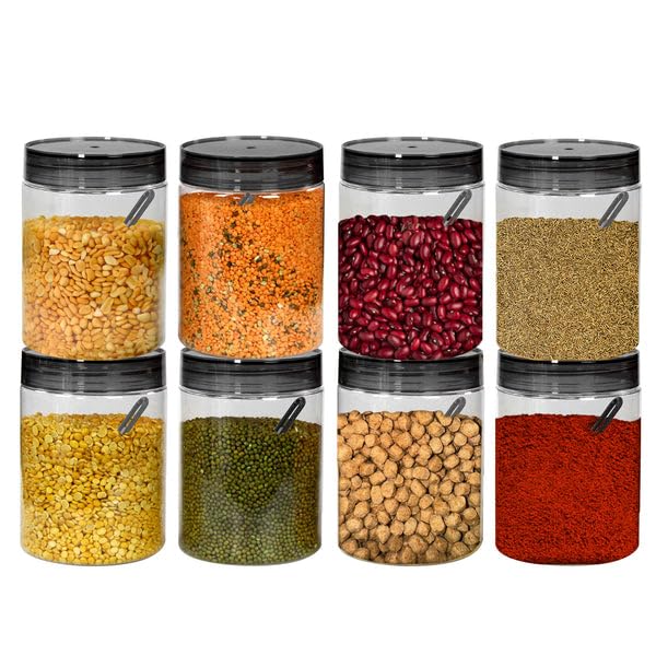 Image of PEARLPET Plastic Containers for Kitchen Storage | Plastic Container Set with Spoon | BPA-Free, Stackable Jars | Black, 1000ml (Set of 8)
