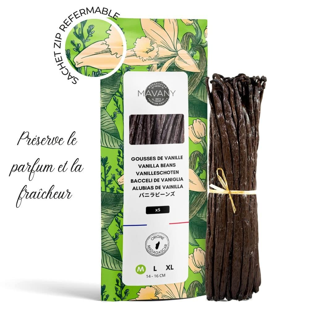 Mavany - 5 Gousses de VANILLE BOURBON DE MADAGASCAR - Sélection de qualité gourmet pour la pâtisserie/cuisine - Taille M 14 à 16 cm - Sachet fraîcheur refermable
