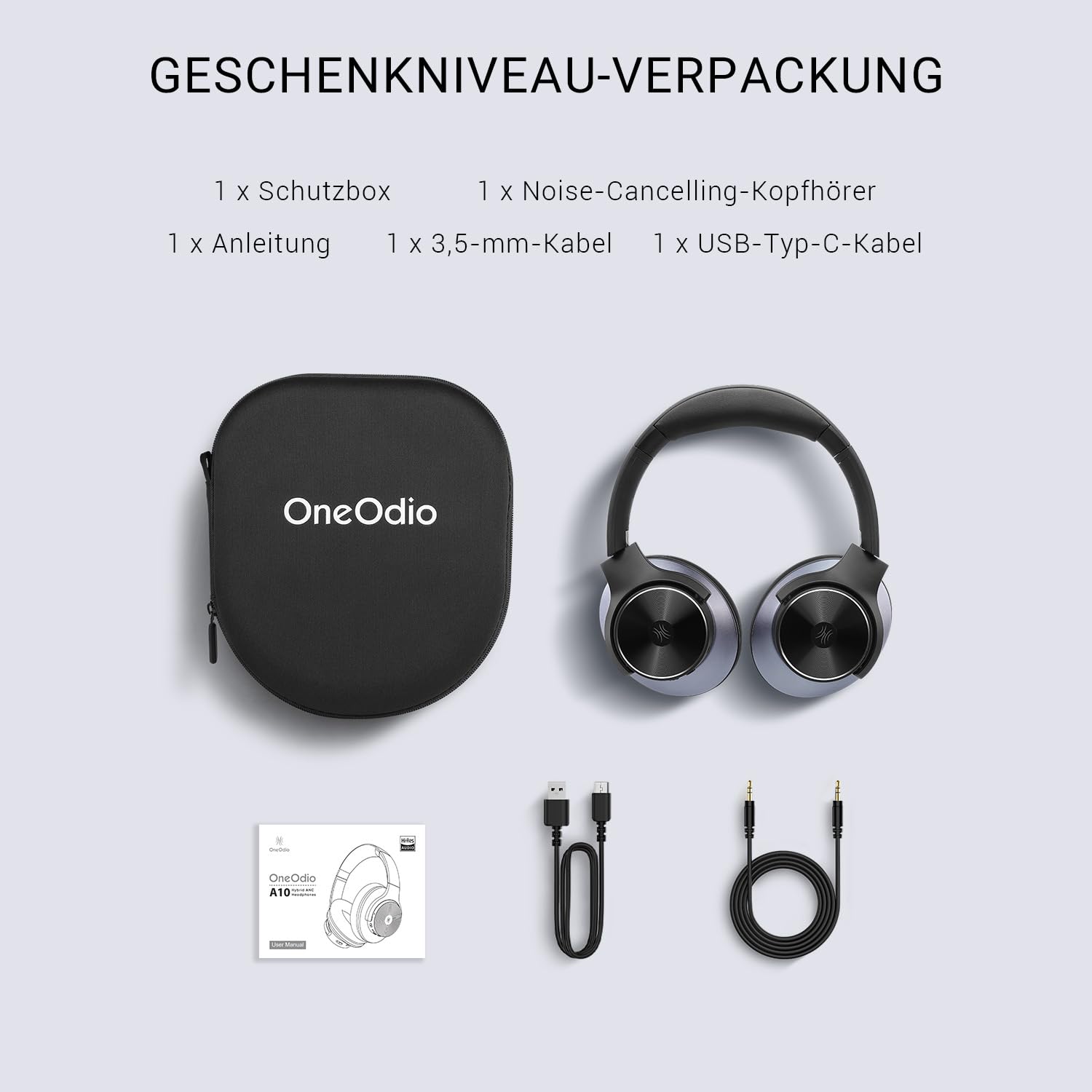 OneOdio A10 Bluetooth Kopfhörer Over Ear mit Hybrid Active Noise Cancelling [Bis zu 62 Std] Kabellos Kopfhörer im Hi-Res Audio, Tiefer Bass, Mikrofon für Reisen, Zuhause, Büro (Schwarz)