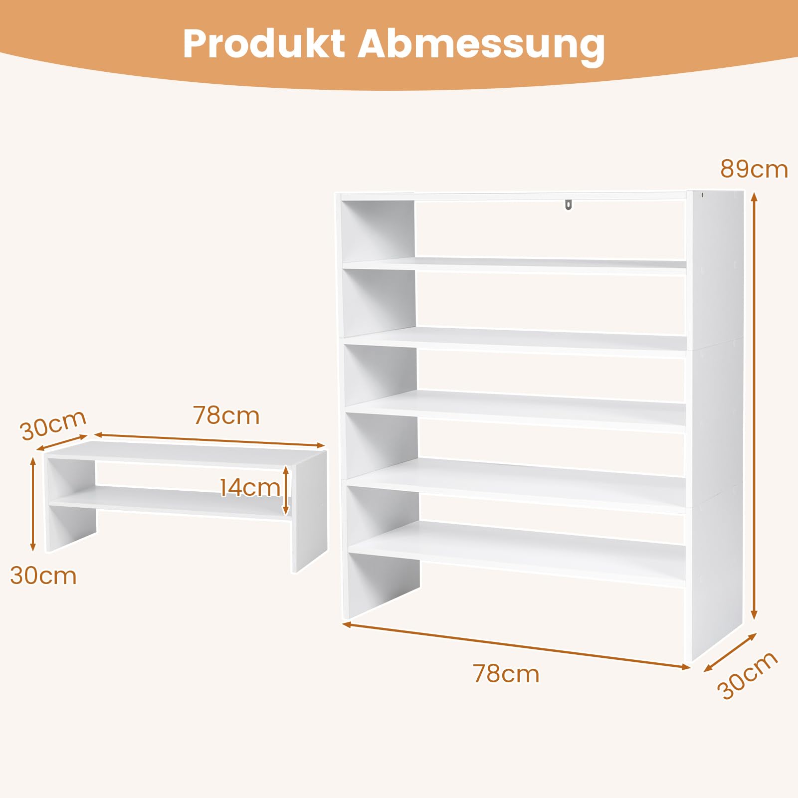 COSTWAY 5-stufiger stapelbares Schuhregal, Schuhschrank offen, 78 x 30 x 90 cm, Schuhablage aus Holz, für Eingangsbereich, Flur, frei kombinierbar, Weiß