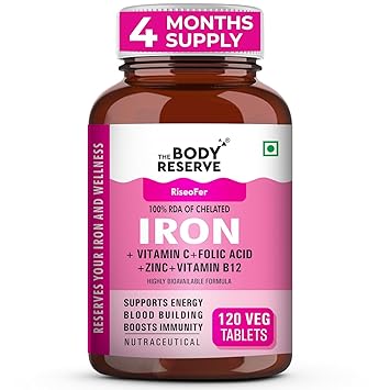 The Body Reserve Chelated Iron + Vitamin C Tablets-120 capsules with Vitamin B12,Zinc,Folic Acid,Beetroot Extract-High Absorption,Supports Blood Building,Energy & Immunity,100% RDA,1 count - image, photos