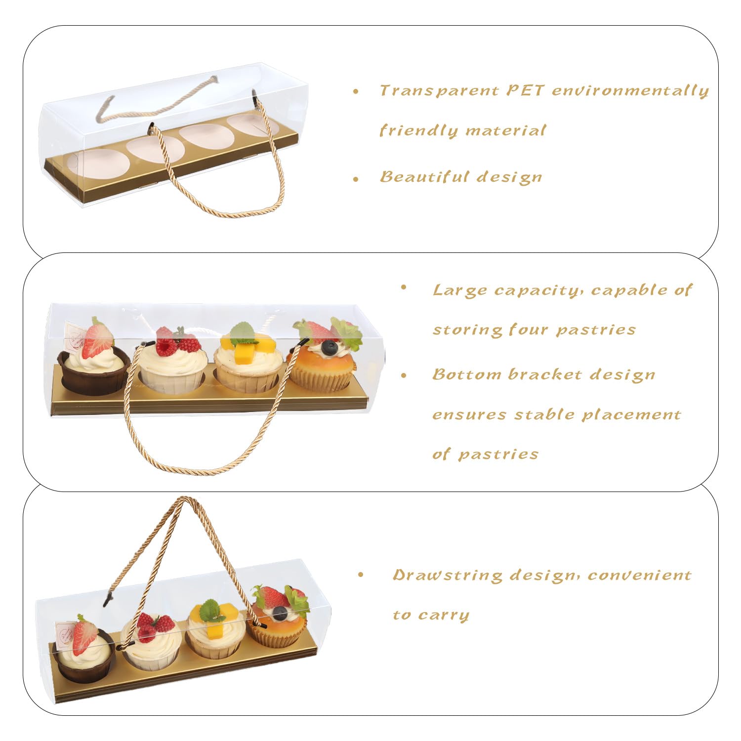 Transparente Cupcake-Boxen mit Griff, 24 Stück, 4 Bäckerei-Kuchen-Boxen, rechteckige Cupcake-Behälter, transparente Leckerli-Boxen, Geschenkboxen für Hochzeit, Party, Dessert-Verpackung,