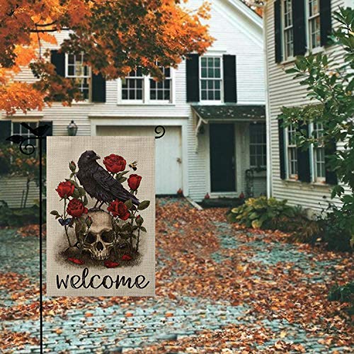 Avoin Halloween Welcome Skull Rose Crow Garden Flag Vertical Double Sized, Butterfly Bee Day Of The Dead Yard Outdoor Decoration 12 X 18 Inch #TOP4