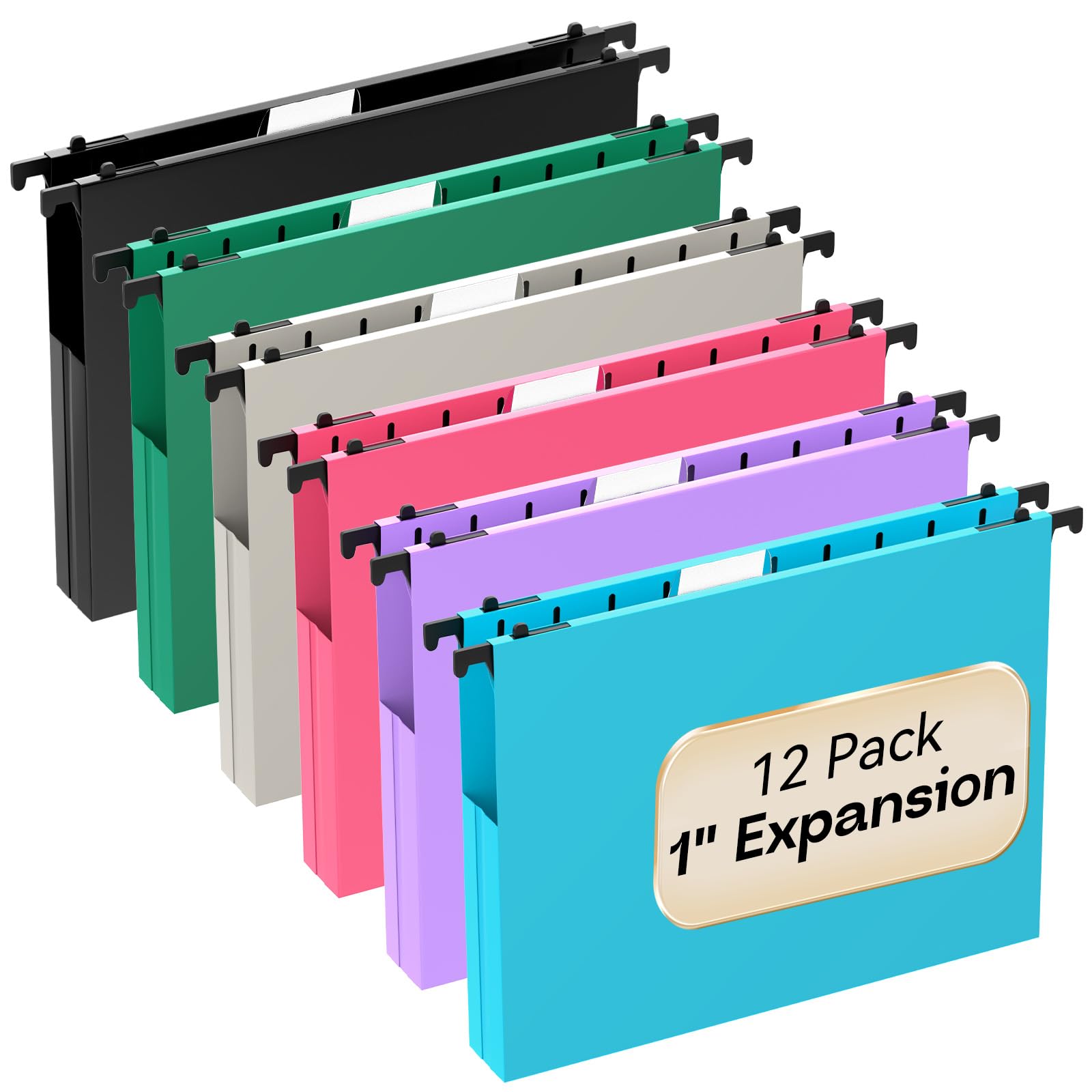 Plastic Extra Capacity Hanging File Folders Letter Size,1 Inch Expansion,12 Pack Reinforced Heavy Duty Hanging Folders,File Cabinet Folders,Expandable Hanging File Folder,Assorted Colors
