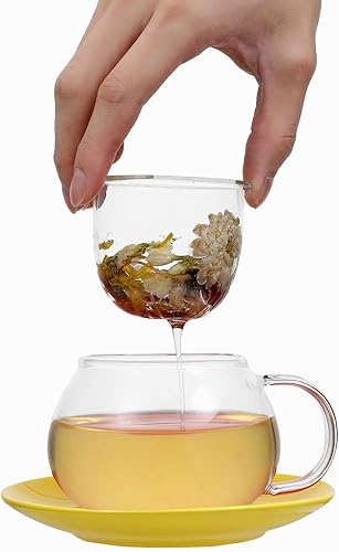 Miniatura 8 de Taza de té de vidrio con bandeja de tapa, filtro infusor para té de hojas sueltas, bonita taza de té en caja de regalo de impresión en color, 11 oz