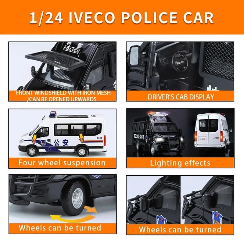 Image of Kids Model 1:24 Van Police Die Cast Metal Car Pull Back Action Opening Doors with Realistic Engine Sound Lights Toy Car Gift for Boys - Black