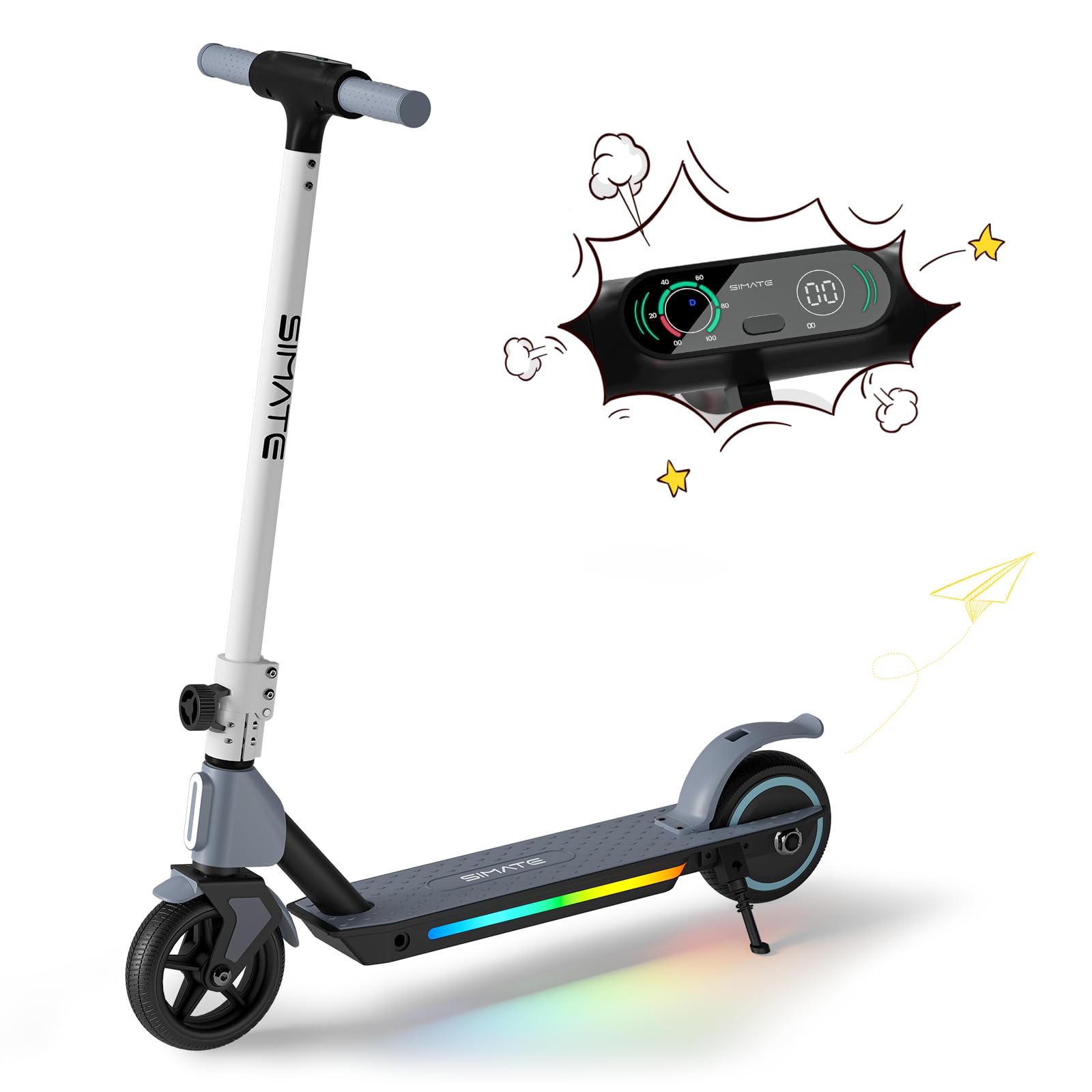 SIMATE Electric Scooter for Kids 6-14, e Kick Scooter with LED Display and Colorful Lights, Adjustable Height and Foldable, Double Brake, Gifts for Kids Girls Boys