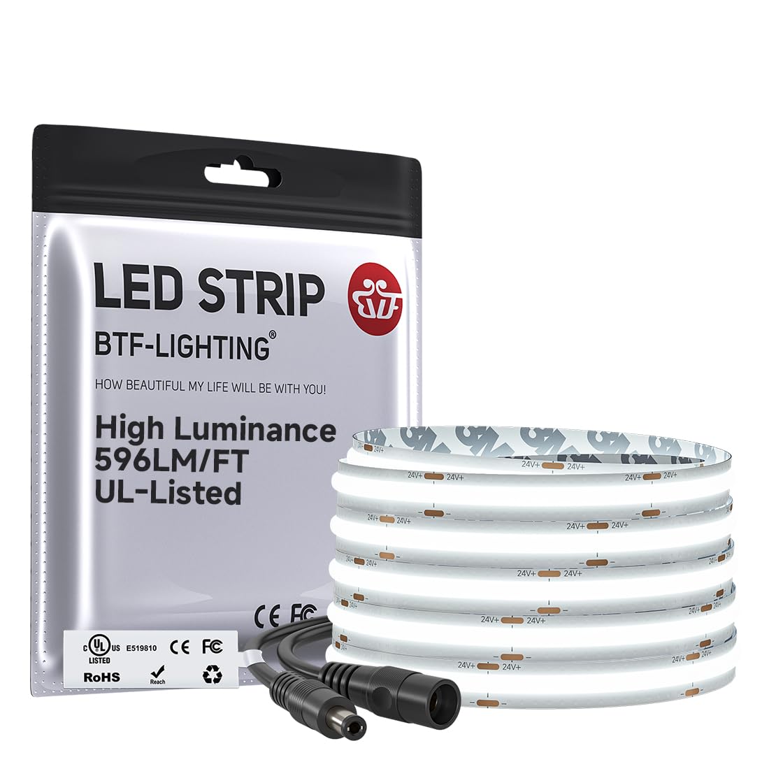 BTF-LIGHTING Super Bright High Lumen FCOB COB LED Strip 6000K Cool White 1957LM/M 24V 5M 480LEDs/m CRI90+ 10mm Width Dimmable Flexible Tape Light for Kitchen Cabinet Bedroom Home Decor(Only Strip) — image 1