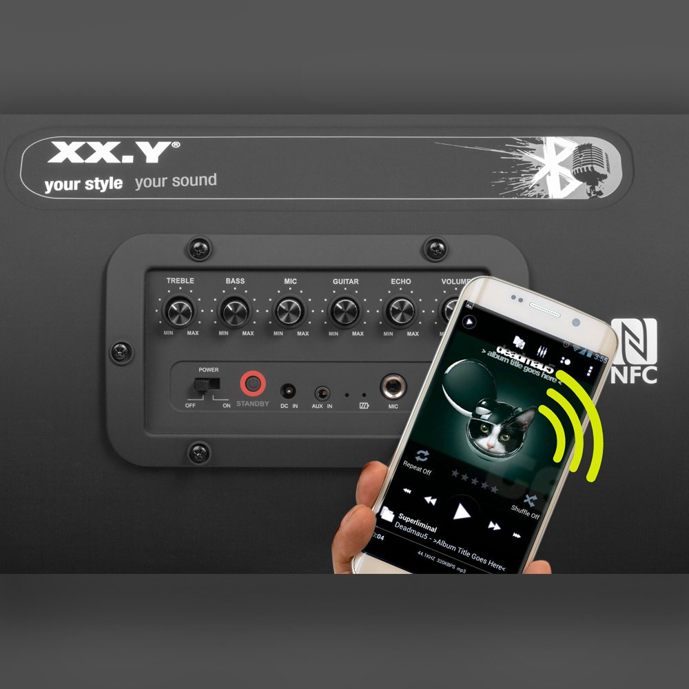 XX.Y P-127J tragbarer Bluetooth Lautsprecher Boom Box (NFC) mit eingebautem Akku/Audio-Eingang für Mikrofon/Musikinstrument/MP3 Player schwarz