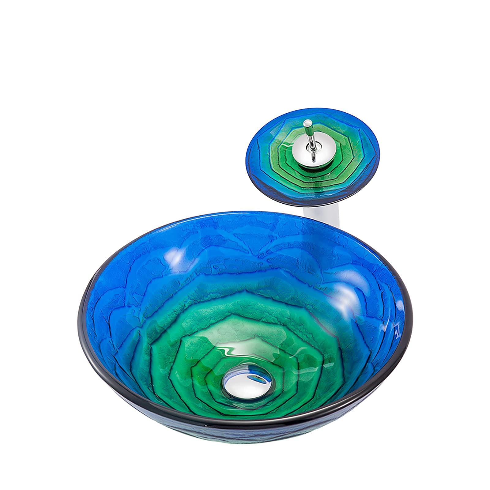 WOTZOV Bathroom Vessel Sink Vanity Tempered Glass Vessel Bowl Sink Round Countertop Sink Bowl Above Counter Sink Art Basin With Waterfall Faucet,