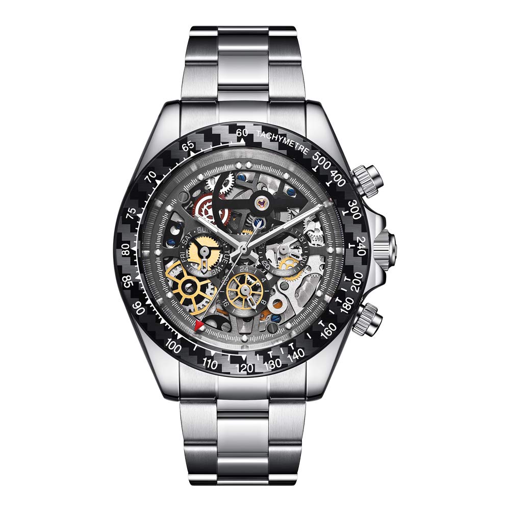 Orologio da uomo automatico scheletrato meccanico in fibra di carbonio con cinturino in acciaio inossidabile 88879