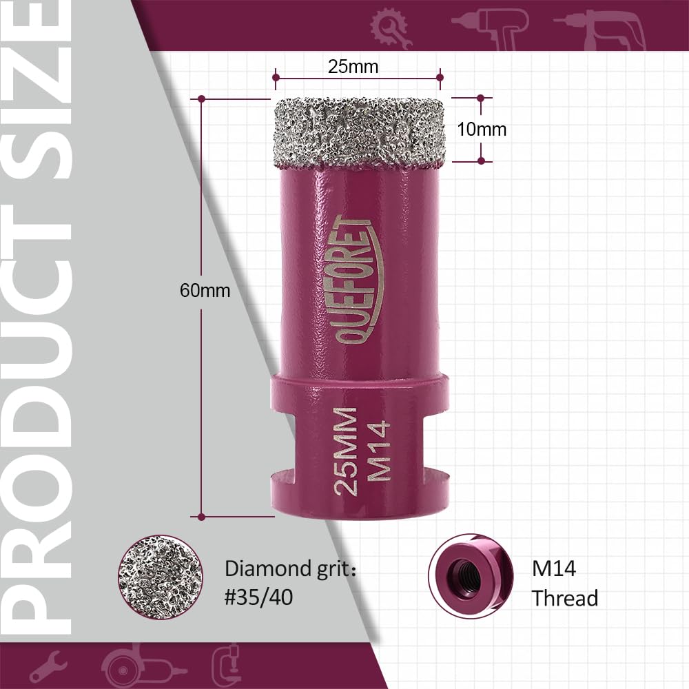 QUEFORET Diamond Drill Bit 25mm x M14 - Diamond Hole Saw for Ceramic Porcelain Tile Marble Granite, Pink - Image 2