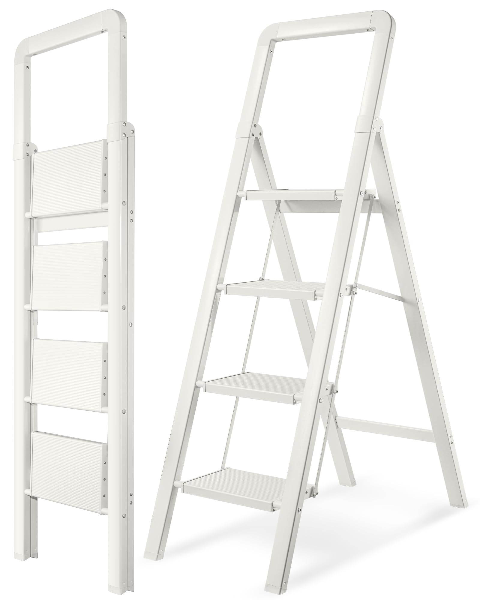 Trittleiter, zusammenklappbar, 4-stufig, Aluminium, faltbar, rutschfest, tragbar, stabil, für Zuhause und Küche, Büro, 150 kg