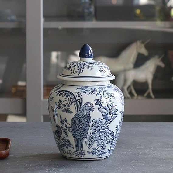 ZHOUXIAO Blue and White Ceramic Ginger Jar Vase with Lid,Traditional Chinese Decorative Porcelain Floral Temple Jar,Bird Flower Vases Jar Decor for Living Room Shelf Bookshel Blue-F