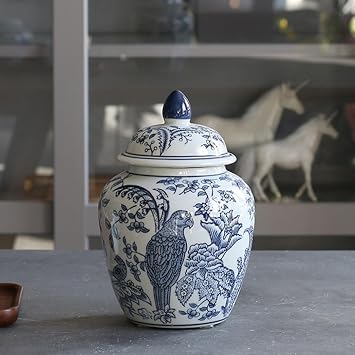 ZHOUXIAO Blue and White Ceramic Ginger Jar Vase with Lid,Traditional Chinese Decorative Porcelain Floral Temple Jar,Bird Flower Vases Jar Decor for Living Room Shelf Bookshel Blue-F