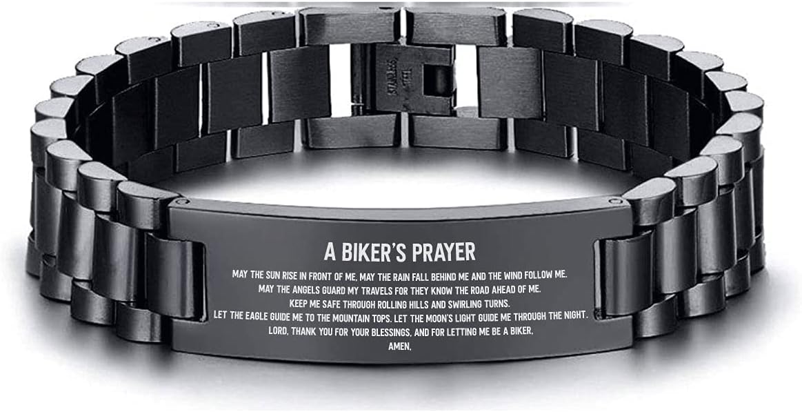 A Biker’s Prayer Bracelet for Men Christmas Birthday Engraved Stainless Steel Motorcycle Rider Gift Christian Biker Jewelry Religious Safety Blessing Bracelet for Dad Grandpa Friend