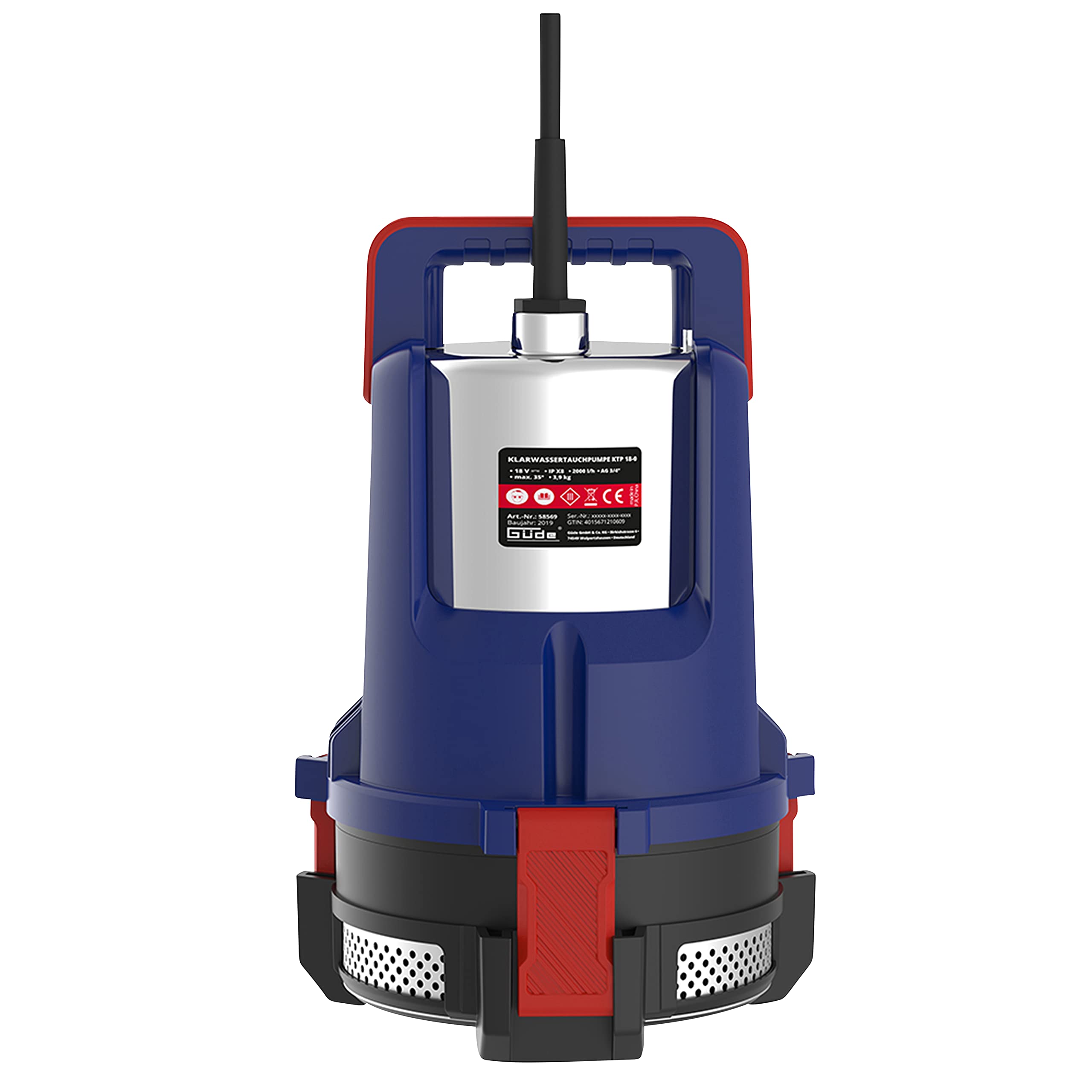 Güde 58569 - Pompa sommergibile a batteria KTP 18-0 (18 V, 2000 l/h, altezza massima 7 m, profondità di immersione massima 5 m, cavo 8 m)
