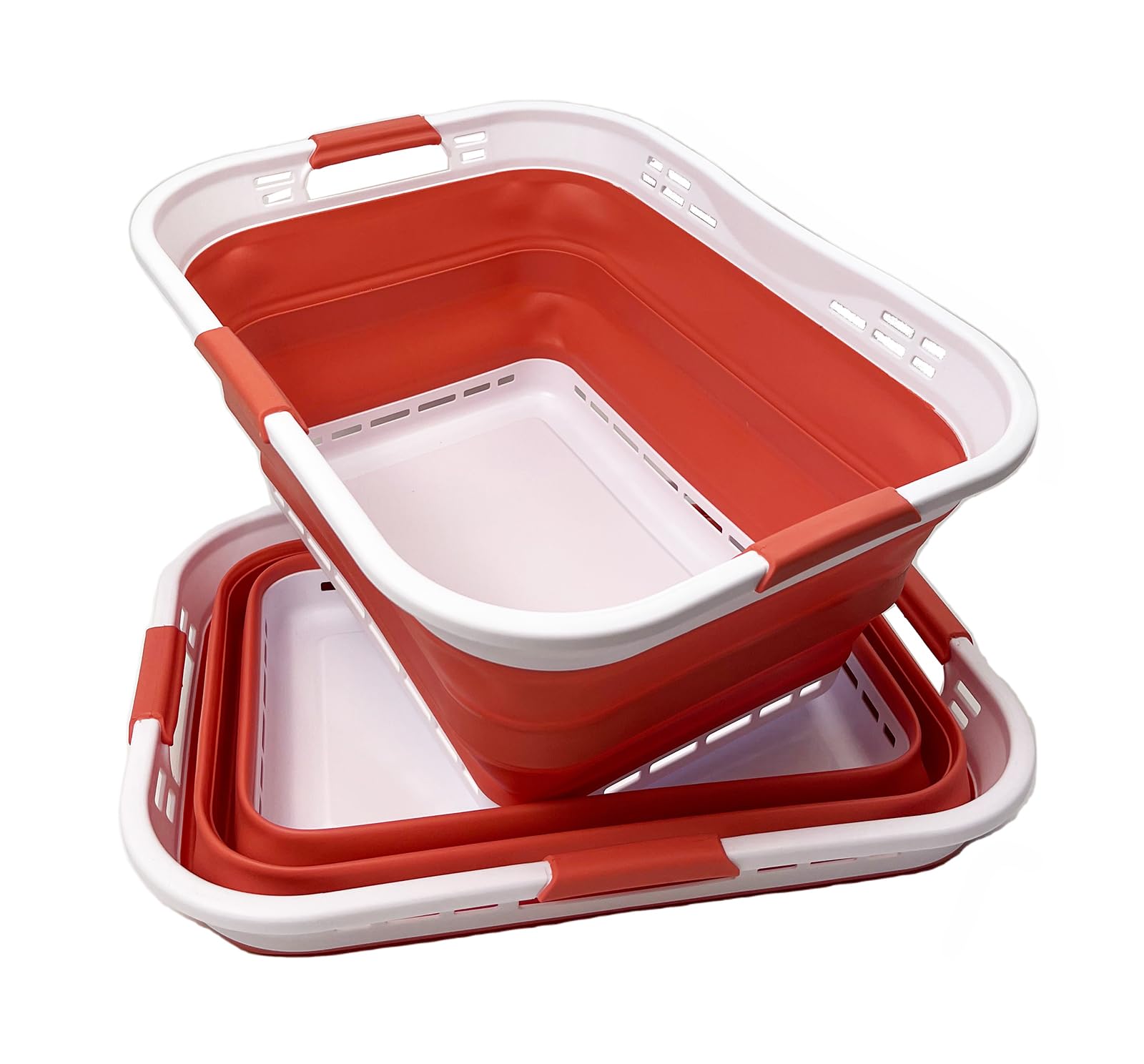 SAMMART Set of 2 Collapsible Plastic Storage Basket - Foldable Pop Up Storage Container - Portable Laundry Organizer - Space Saving Hamper (White/Blush Red, 42L (Style A))