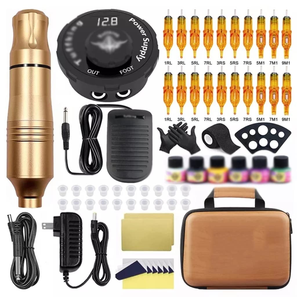 Rotary Tattoo Machine Kit Power Supply with 20PCS Cartridges Needles Permanent Complete Set