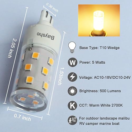 Miniatura 2 de Bombillas LED con base de cuña T10 de 12 V, 5 W, Malibú, camino, jardín, 921, 922, 912, 194, 168, T10, caravana, remolque, autocaravana, barco, luz