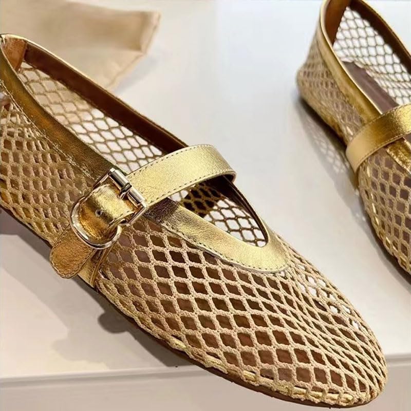 Women's Mesh Mary Jane Flats, Black, Patent Leather Trim Ballet Shoes2