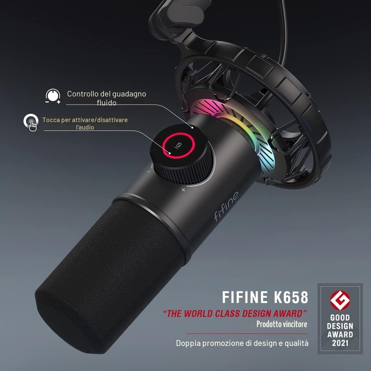 FIFINE Gaming Microfono USB per PC, Dinamico Microfoni Cardioide con RGB Supporto Antiurto, Pulsante di Silenziamento e Filtro Anti-Pop, per Podcasting YouTube Gaming Discord