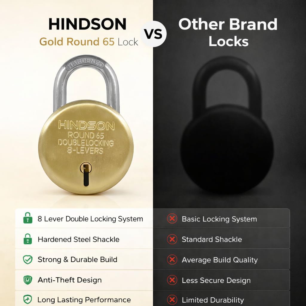 HINDSON Lock and Keys Door Lock for Home Round 65 Padlock with 3 Keys Double Locking 8 Lever gate, Shop Shutter Gold Finish (65mm, Steel, Pack of 2) — Amazon image 6
