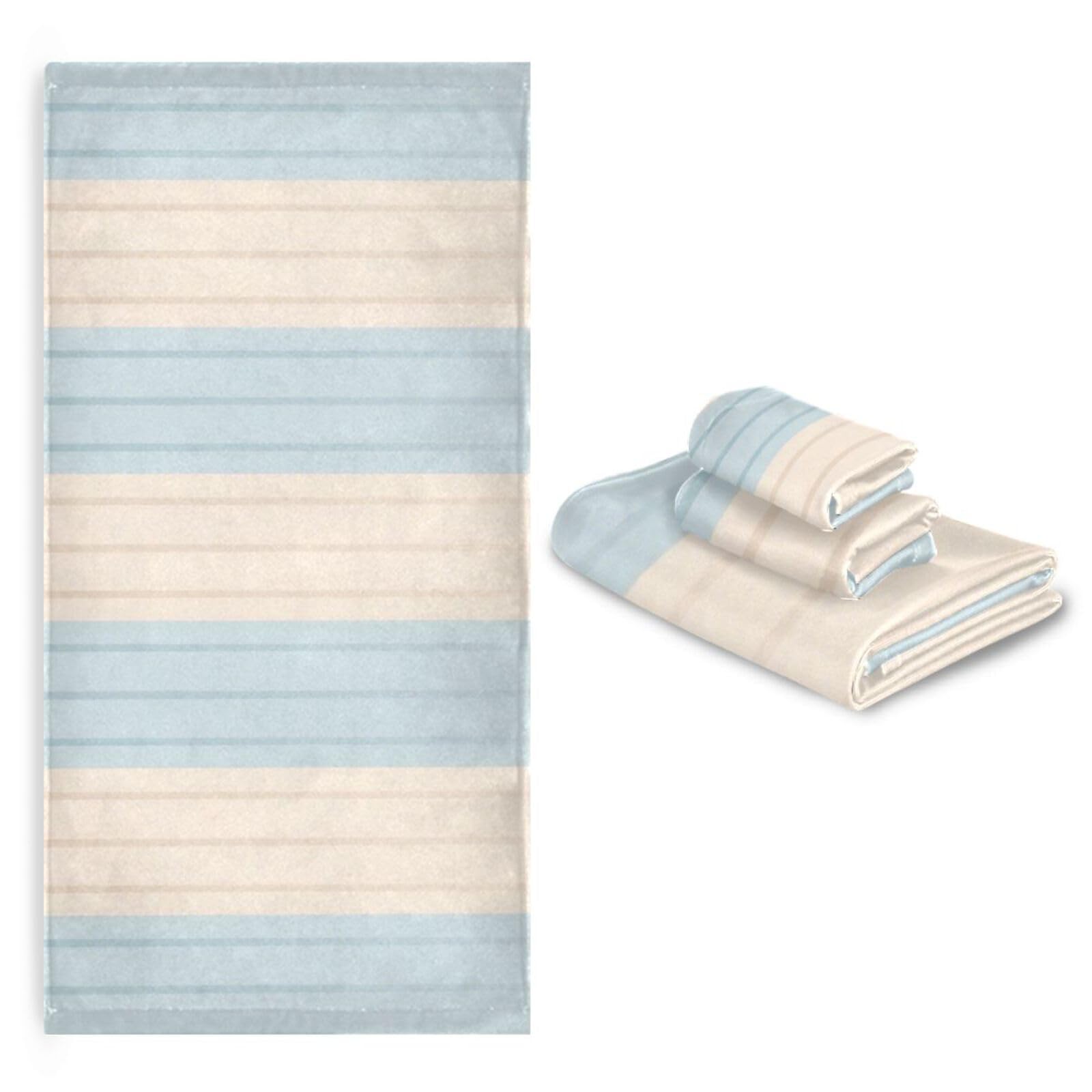 Set di 3 asciugamani assorbenti per il viso a righe blu, beige, tinta unita, set da 3 pezzi, 1 asciugamano da bagno, 1 asciugamano per le mani, 1 panno per la casa, cucina e famiglia