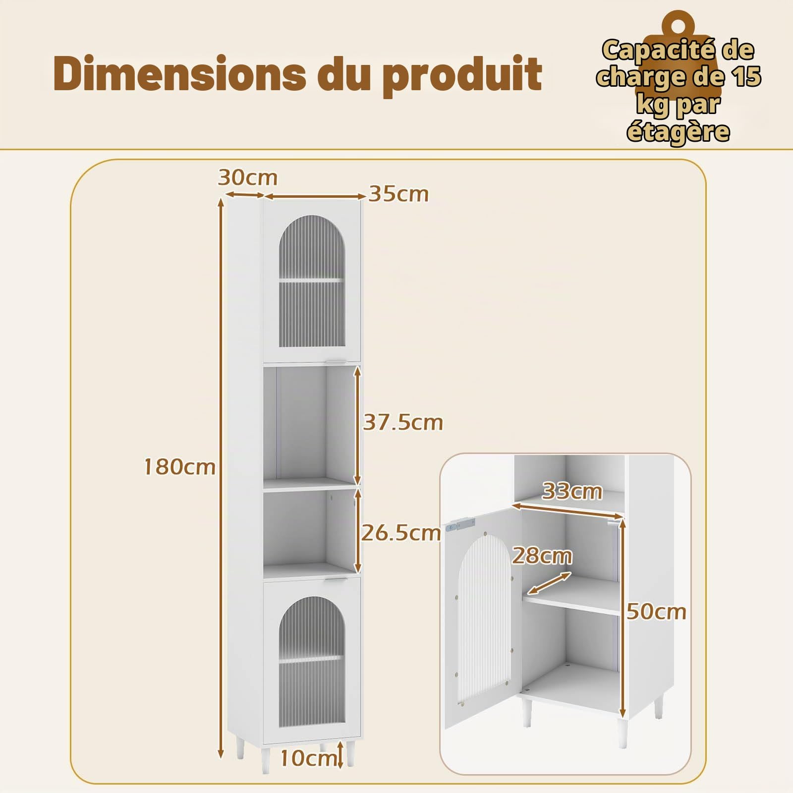 GIANTEX Meuble Colonne Salle de Bain, Armoire Étroit Autoportante 180 cm avec Étagères Réglables, Compartiments Ouverts, Portes en Verre Trempé, Meuble de Rangement pour Salon, Cuisine, Blanc