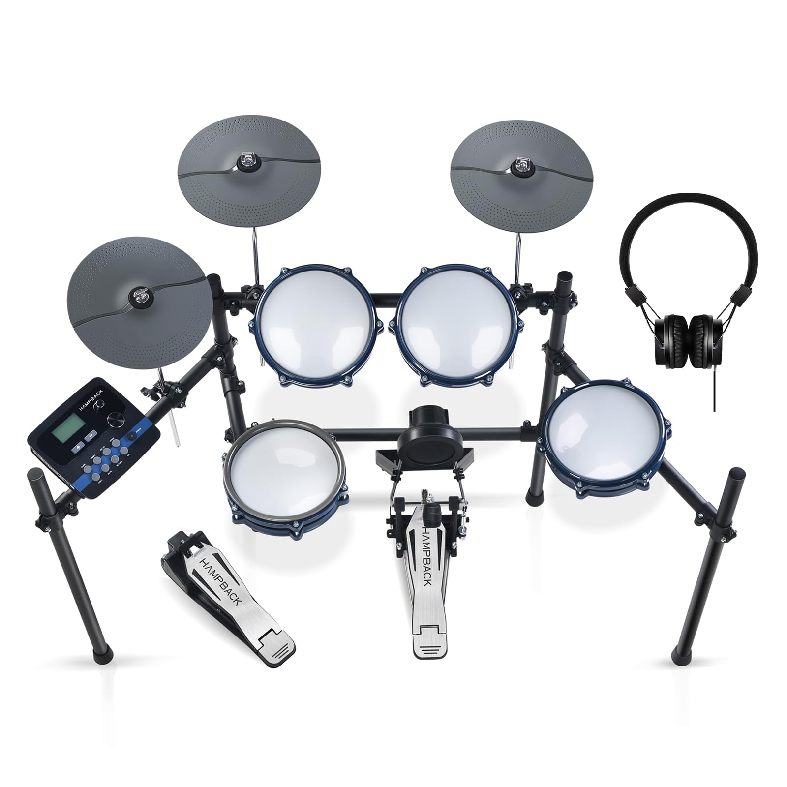 HAMPBACK ACE-301 Electric Drum Sets for Beginners with Quite Mesh Pads, 2 Cymbals w/Choke, 15+10 Drum Kits and 329 Sounds, USB MIDI, Recording Function (5 Pads, 3 Cymbals)