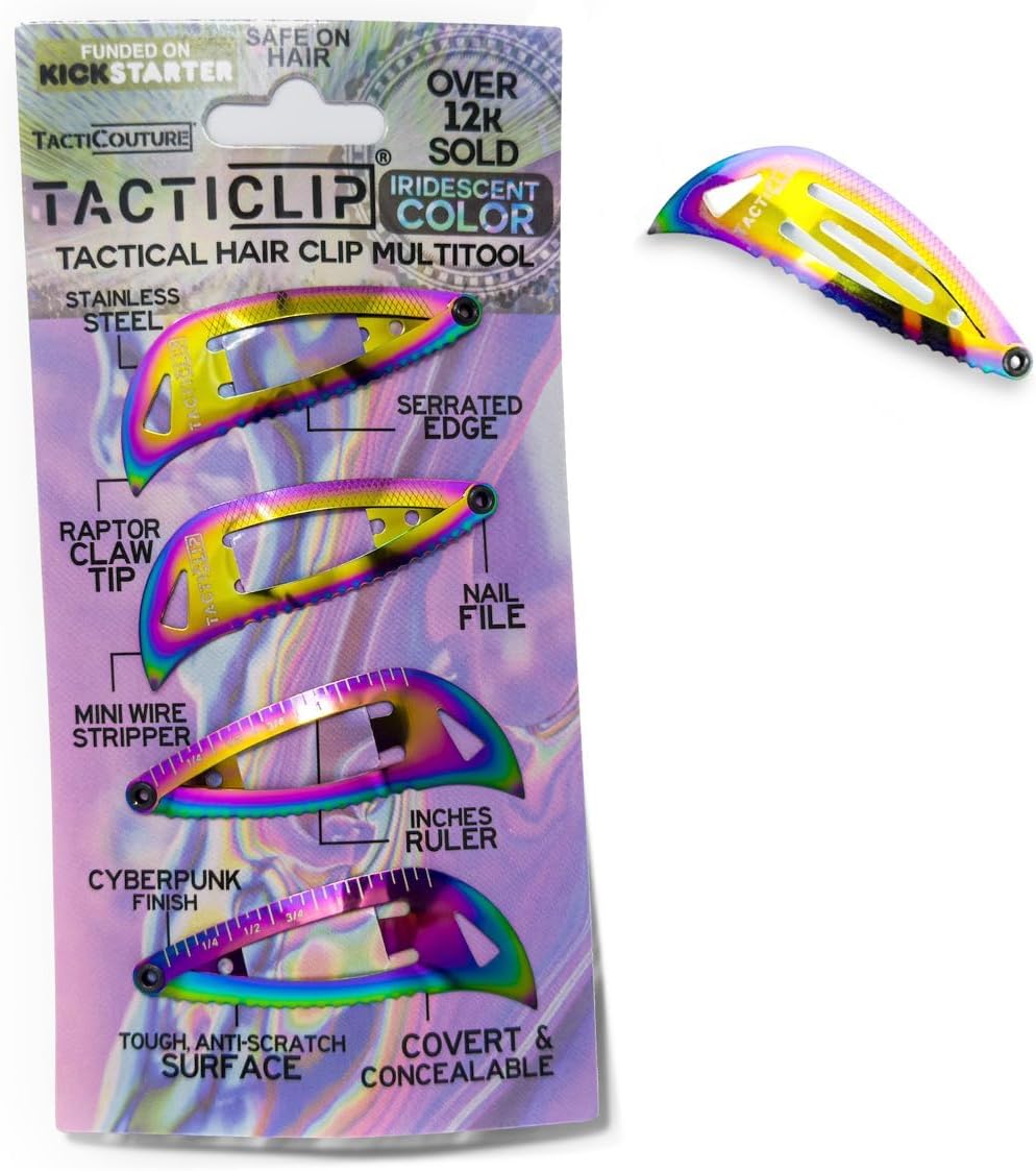 Iridescent Tactical Hair Clips 2.0, 4 Pack - Multitool Snap Barrettes - SUS301 Stainless Steel Multi-Functional Keychain Multi Tool - Nail File, Serrated Edge, Raptor Claw - Kippah Tacticlips