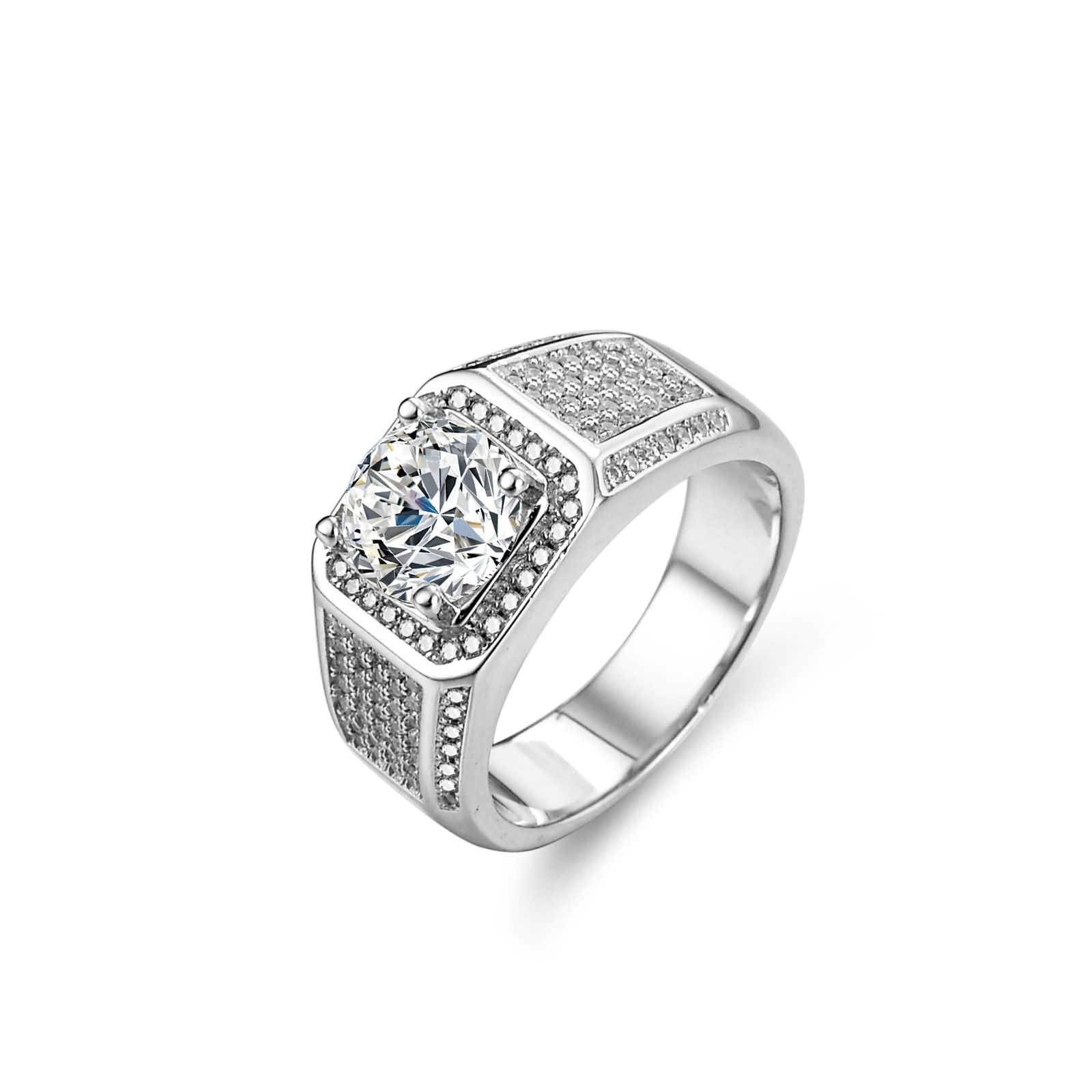 Anillo de oro blanco para hombre, oro blanco de 9 quilates, 14 quilates, 18 quilates, 4 puntas redondas con moissanita de 2 quilates