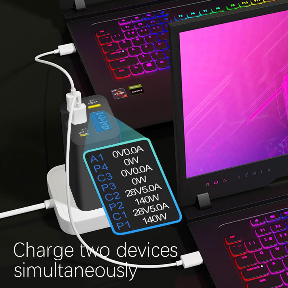 Chargeur Gan 280W avec écran OLED,4-Port GaN Type-C Adaptateur avec 3USB-C +1USB-A,PD 140W Chargeur Rapide,Chargeur Universel pour l'europe,Les États-Unis,l'Australie et Le Royaume-Uni（Noir）