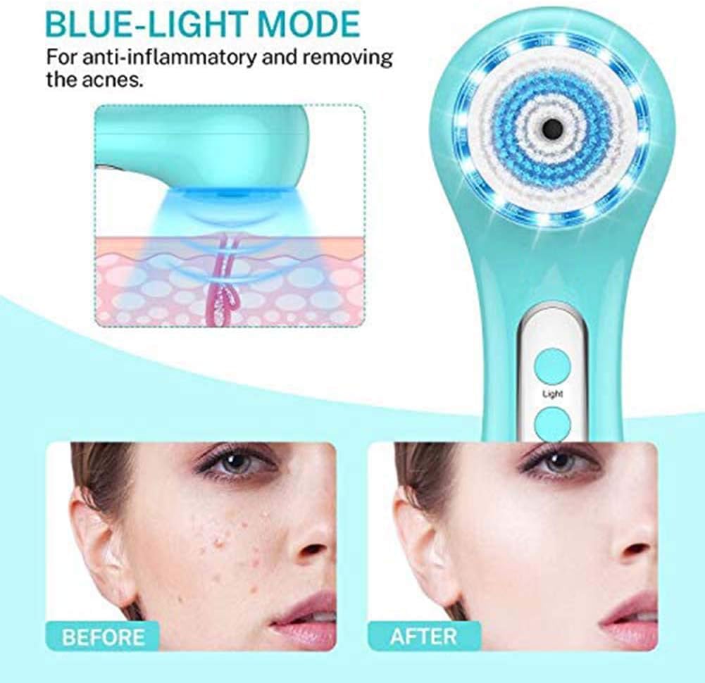 -Cepillo Facial Eléctrico, Cepillo De Limpieza Facial, Cepillo Giratorio De Luz Roja/Azul, Cepillo Limpiador A Prueba De Agua, Cabezal De 5 Cepillos para Exfoliar, Masajear, Eliminar Punt