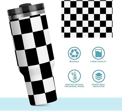 Miniatura 8 de Botella de agua reutilizable al vacío a cuadros en blanco y negro con asa y tapa de pajita, taza decorativa de oficina para agua, té helado o café,