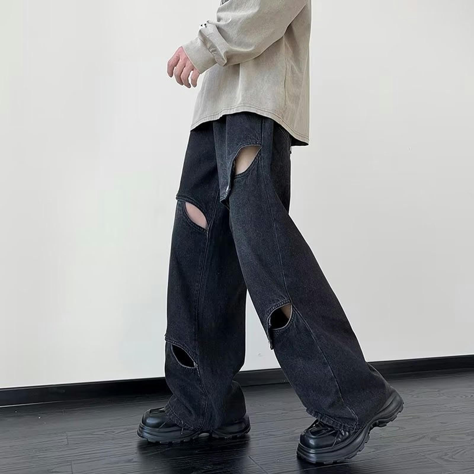 Jeans a Gamba Larga High Street da Uomo con Design Cavo - Blu - M