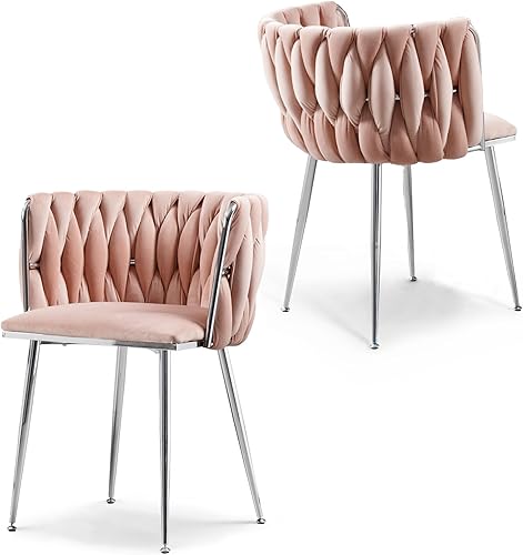 Miniatura 26 de Juego de 2 sillas de comedor de terciopelo, sillas laterales tapizadas tejidas con patas de metal plateado, Sillas de Comedor 2, sillas decorativas