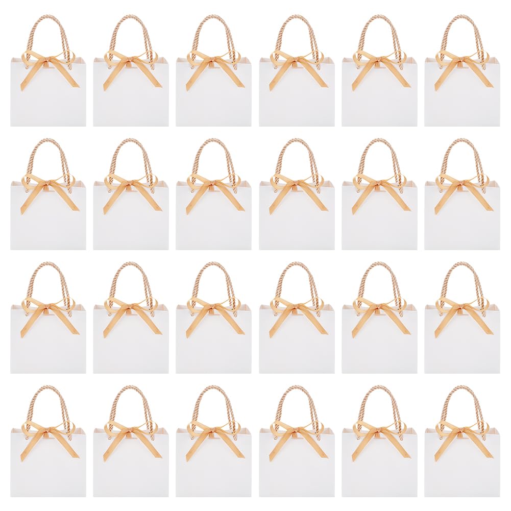 NBEADS 24 Sets White Gift Paper Bags, Party Favor Bags with Handle and Bow Ribbon 12x14x6cm Portable Kraft Paper Gift Bag Candy Bags for Birthday Wedding Party Holiday, White