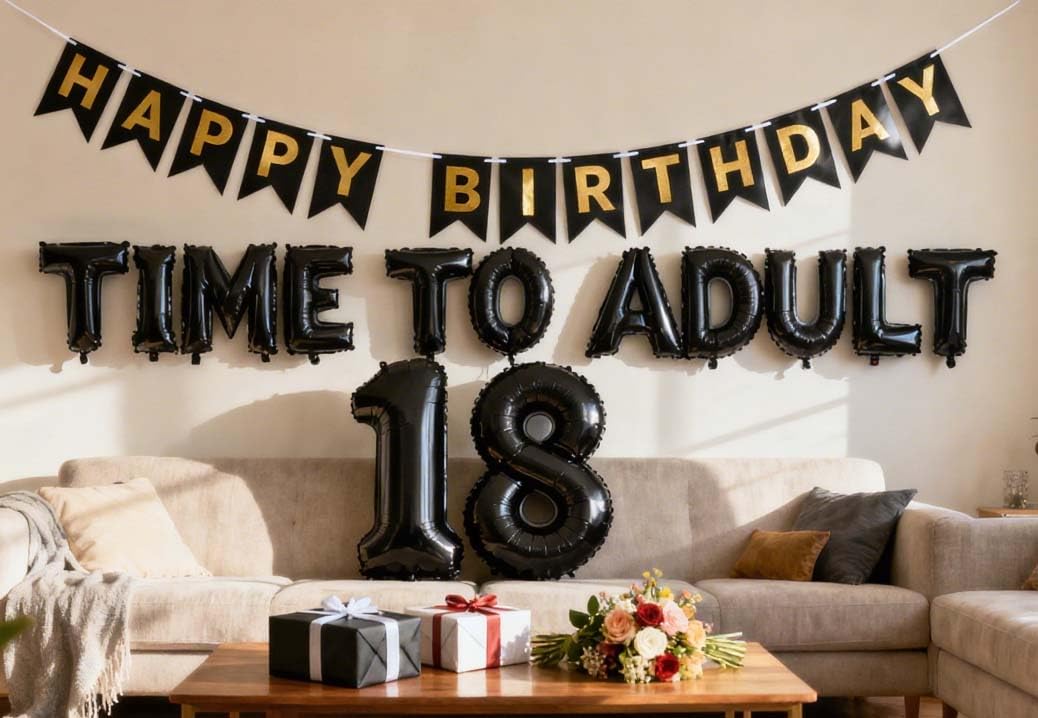 JumDaQQ 18th Birthday Decorations Black Time to Adult Balloons Banner 18th Birthday Glitter Banner Number 18 Foil Balloons for Boys Girls 18 Years Old