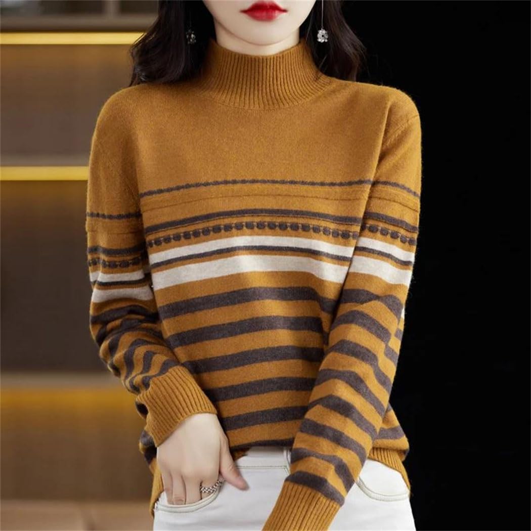 Sweter Damski Wełniany – Uniwersalny Sweter Z Półwysokim Kołnierzem I Kolorowymi Paskami-Beige-Medium