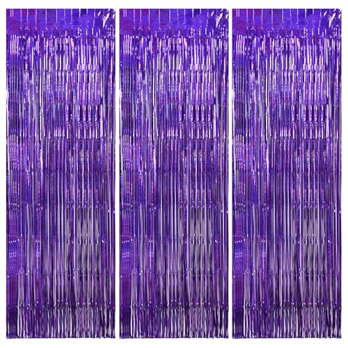 TONIFUL 3Pcs Laser Purple Door Streamers,Laser Purple Photo Booth Backdrop Metallic Streamers Foil Fringe Curtains for Halloween,Birthday,Christmas,New Year,Bachelorette,Grad Party(9.9ft x 6.6ft)