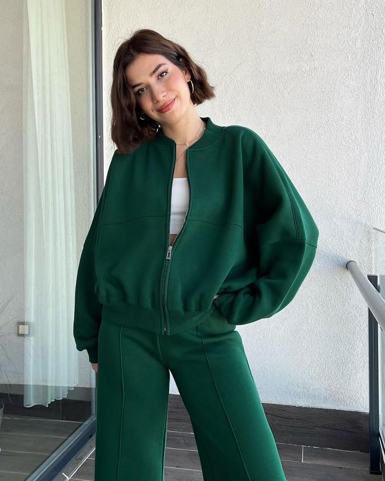 Set Di Abbigliamento Da Viaggio Per Donna, Bomber Rosso A Maniche Lunghe con Cerniera, Pantaloni Larghi con Elastico In Vita, Completo 2 Pezzi, Tuta Casual Ampia, Coordinati Sportivi