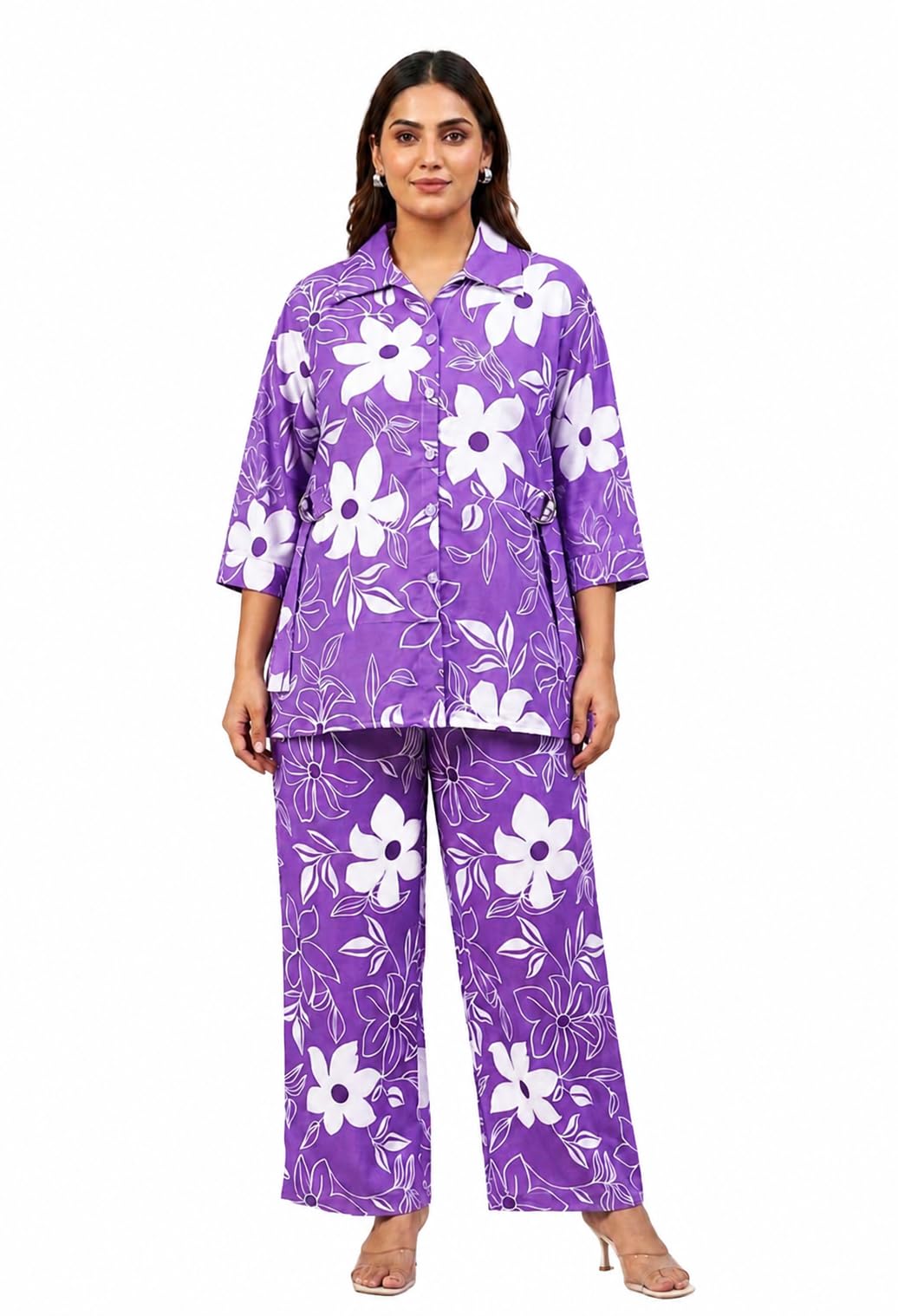 Women's Cotton Floral Print Co-ord Set, Purple, 3/4 Sleeve Collared Top with Wide Leg Palazzo, Regular Fit, 2 Piece (top and bottom)-image-30