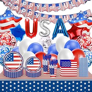 4th of July Party Supplies Pack, Patriotic Decorations Includes Tablecloths Paper Plates Napkins Cups Flatware Straw Banner Balloons Set for Independence Memorial Veterans Day Decorations(Serves 24)