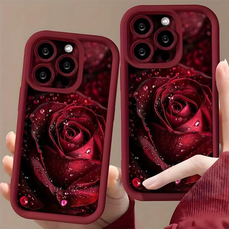 Image of COVERLY Red Rose Water Back Case for iPhone 12 Pro | 3D Gorgeous Raindrop Flower Cute Design | Camera Lens Protection | Soft TPU Silicone Aesthetic Print Cover for Girls & Women (Red, Shockproof)
