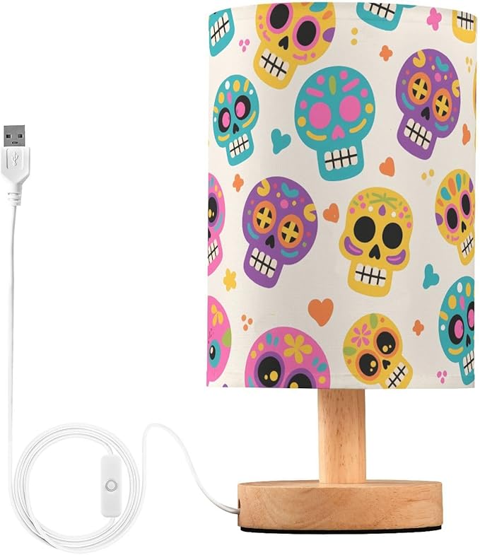 ALAZA Bedside Table Lamp Skull Skeleton Sugar Yellow Lamp for Girls Boys Bedroom with USB Port LED Kids Nightstand Lamp Wood Base Desk Living Room Decor