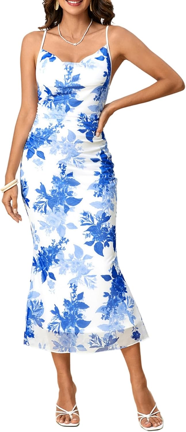 Milumia Women's Floral Cowl Neck Bodycon Maxi Dress Mesh Long Dresses Cocktail Party Fall 2025