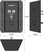 Vista 7 de Extensor de sobretensiones multitoma de corriente con 5 salidas de CA y 4 puertos USB (2 USB C), 1,680 julios, divisor de salida para oficina
