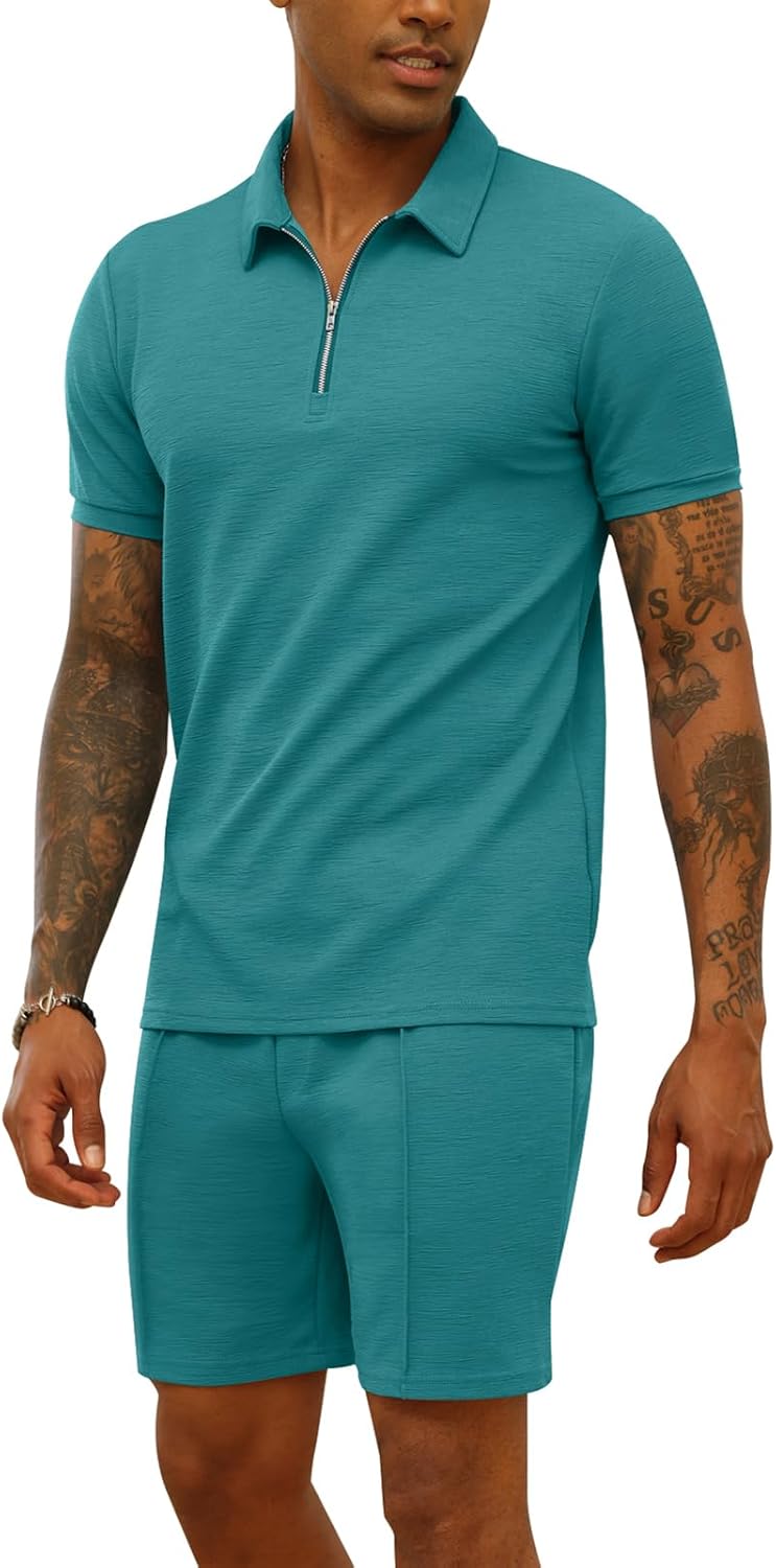 Mens 2 Piece Zip Tracksuit Short Sleeve Printed Polo Shirt and Shorts Pants Sets Summer Casual Outfits for Men - Image 2