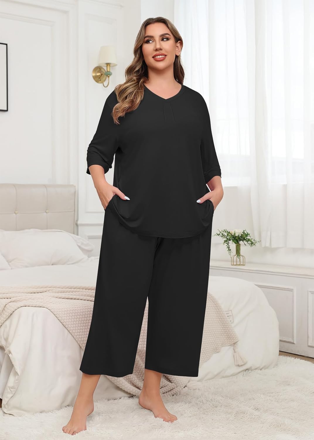 Lastshe Women's Plus Size Pajama Set 2 Piece V Neck Capri Pants Loungewear with Pockets Knit Soft Pjs Sleepwear - Image 3